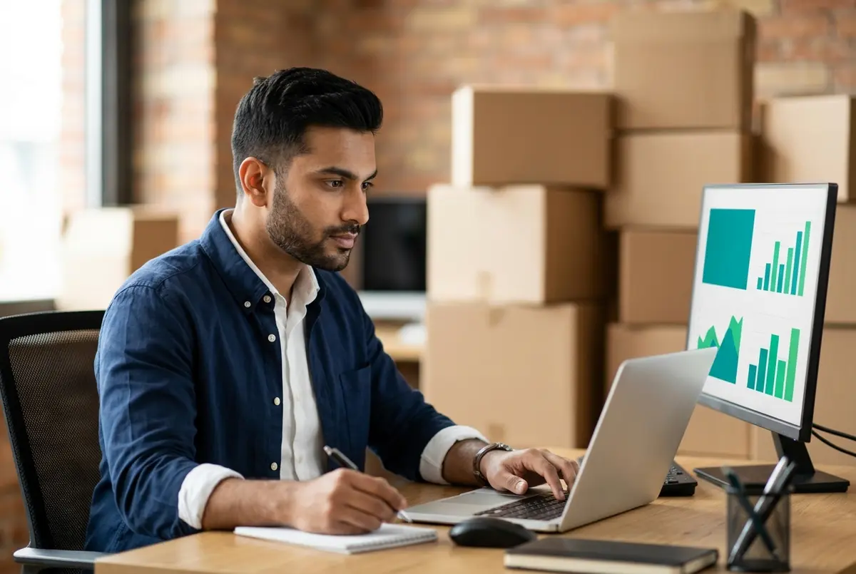 Xero for ecommerce business channel margins shown on a laptop and monitor in a warehouse office