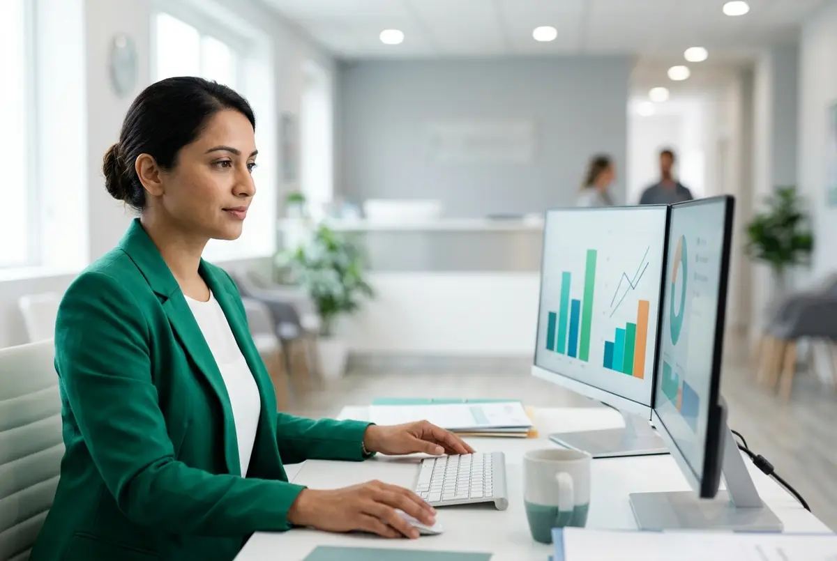 Xero for healthcare business reports on two monitors in a clinic back office