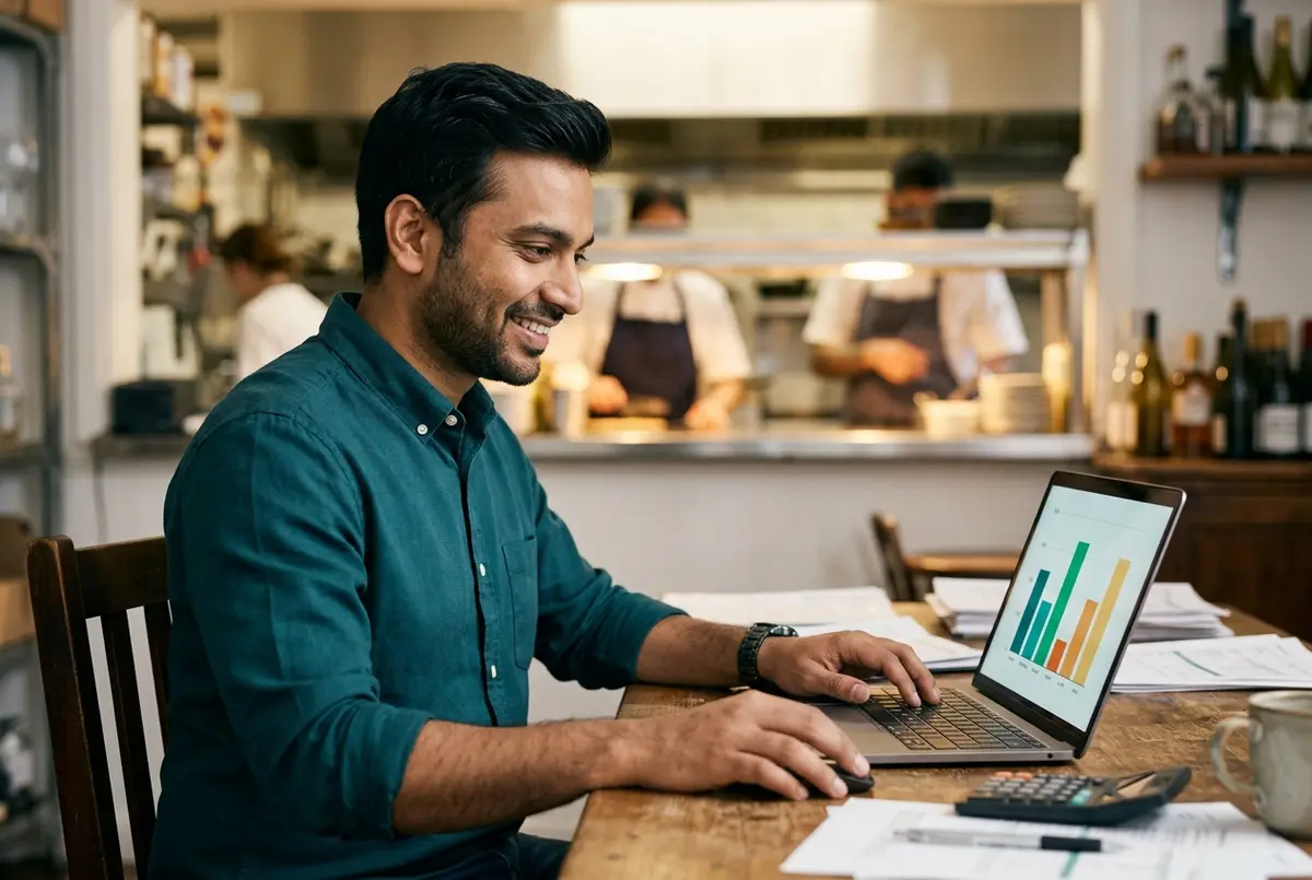 Xero for hospitality business daily sales reports on a laptop in a restaurant back office