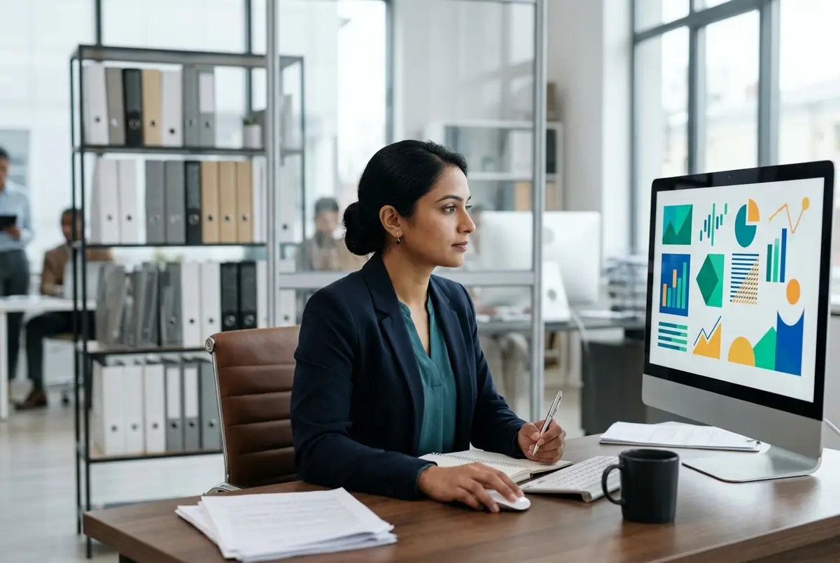 Xero for insurance business commission reports reviewed on a large monitor in a brokerage office