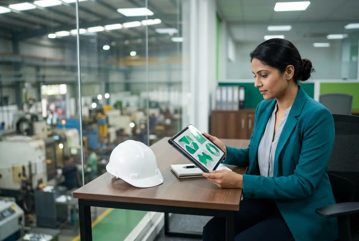 Xero for manufacturing companies variance reports reviewed in an office above the factory floor