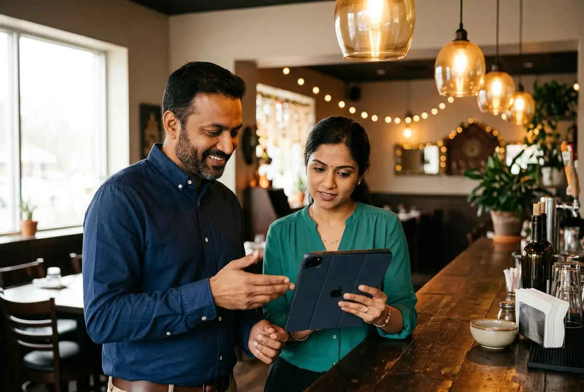 Xero Certified advisor and restaurant team reviewing hospitality business accounts