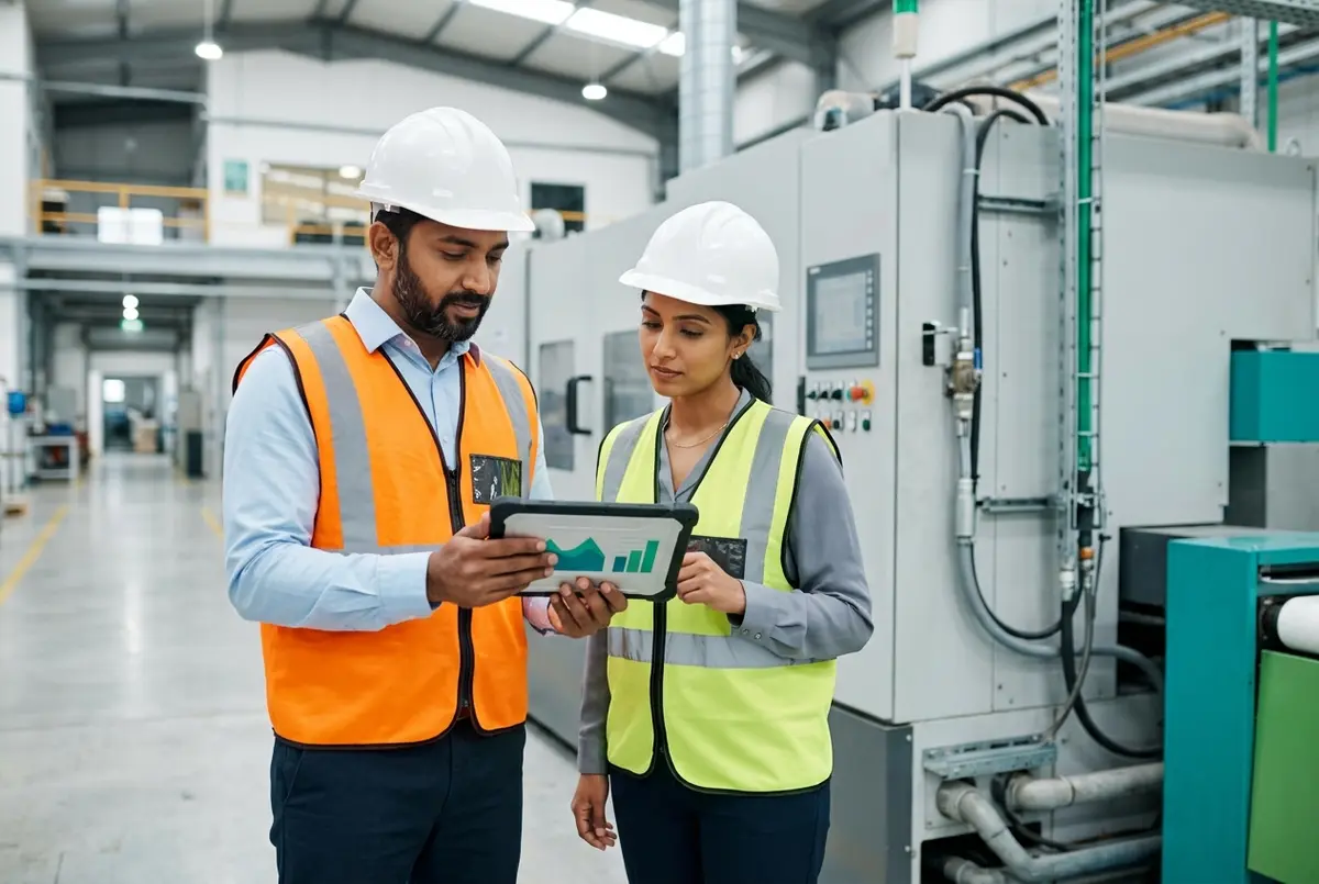 Xero Certified advisor and plant manager reviewing manufacturing company accounts on the factory floor