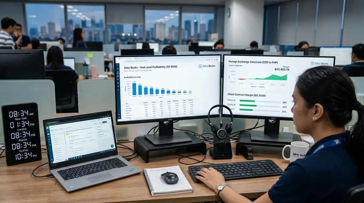 Zoho Books for BPO business seat cost reports and cross border revenue metrics on dual monitors