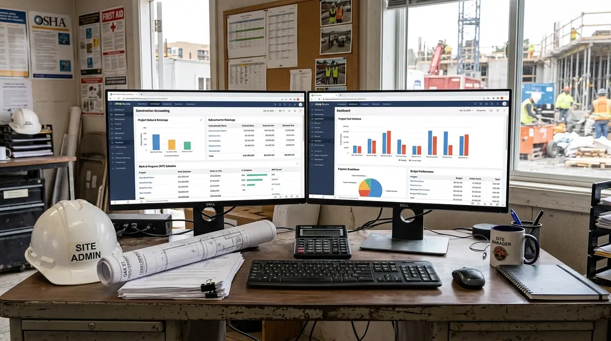 Zoho Books for construction business WIP reports and subcontractor retainage on dual screens