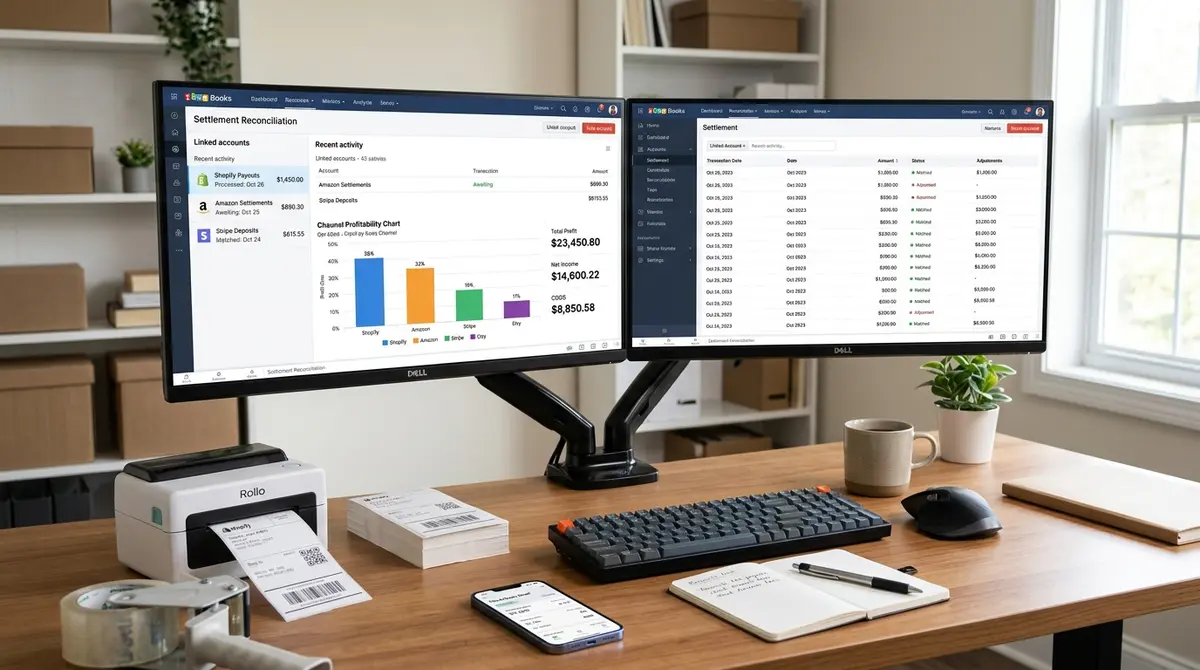 Zoho Books for ecommerce business payout reports and inventory valuation on dual screens