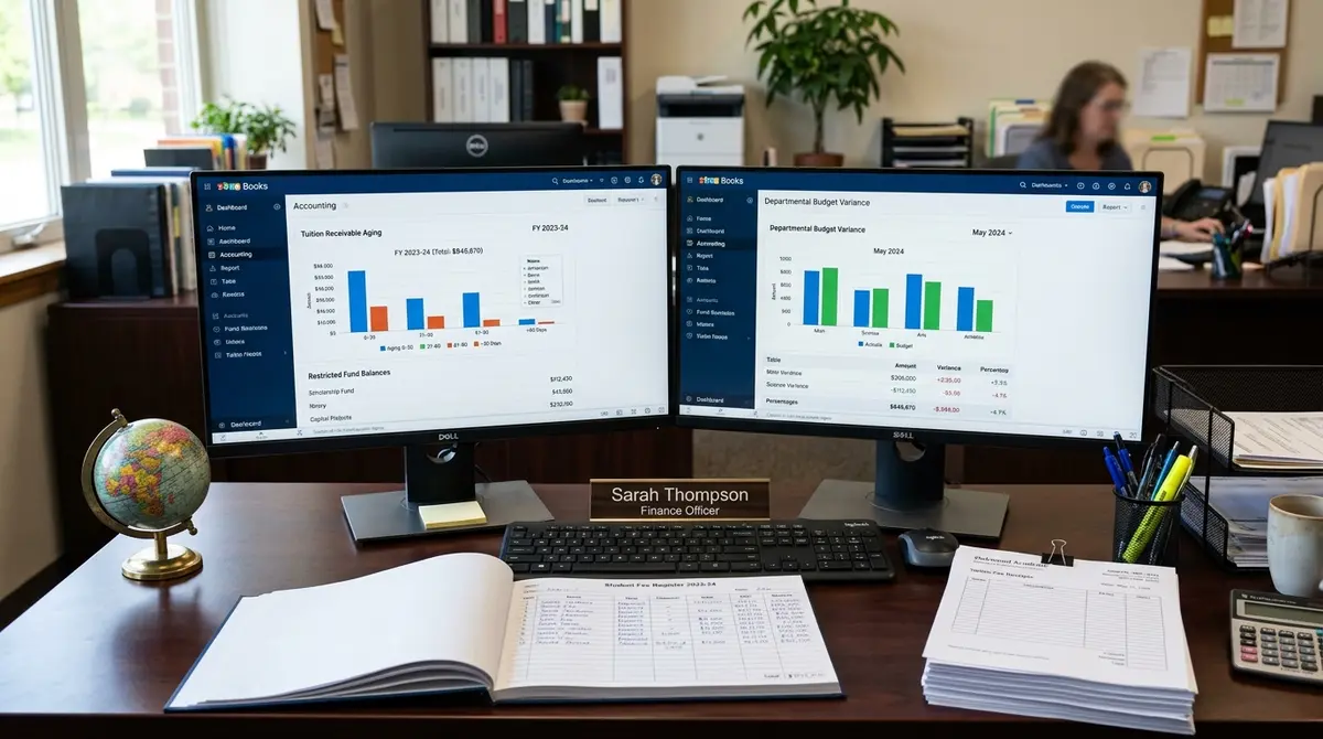 Zoho Books for educational institutions tuition reports and fund accounting metrics on dual screens