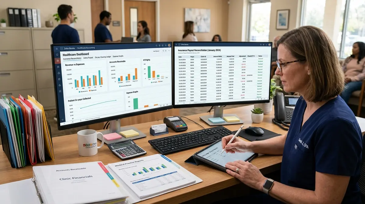 Zoho Books for healthcare business billing reports and practice metrics on two monitors