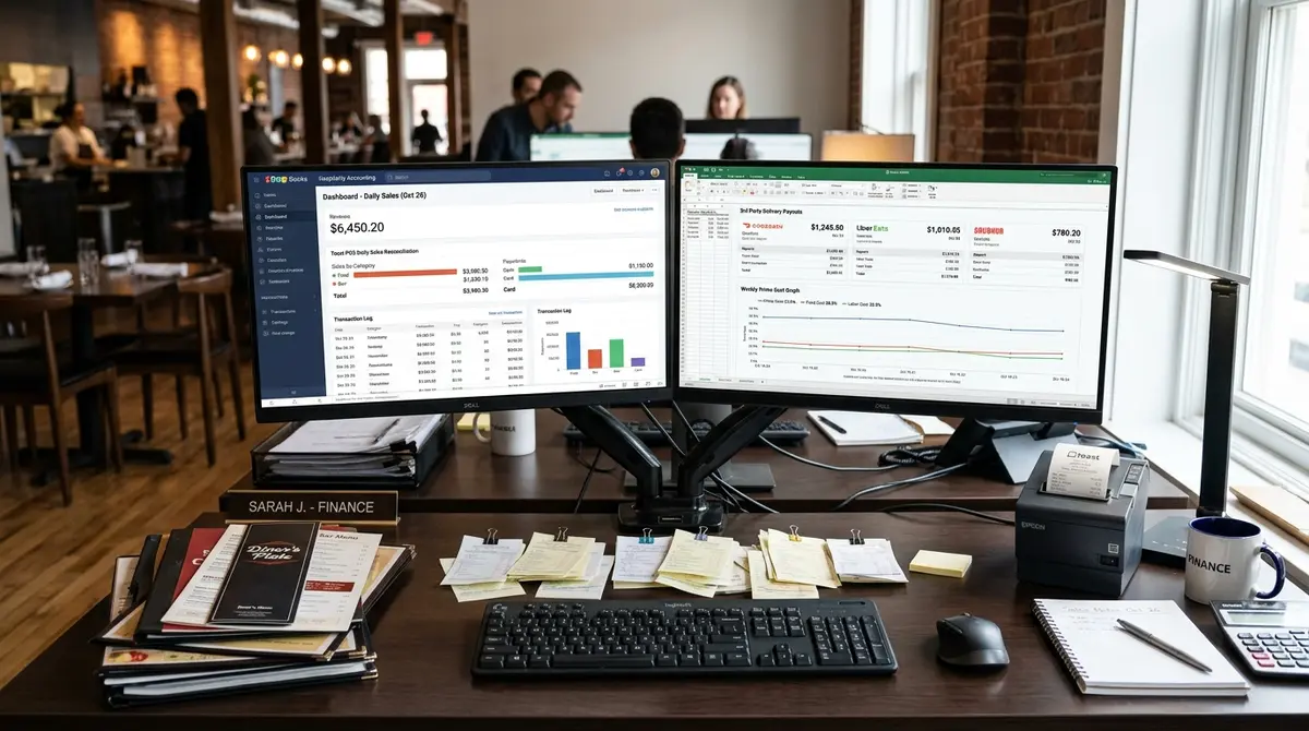 Zoho Books for hospitality business POS reports and food cost metrics on dual monitors