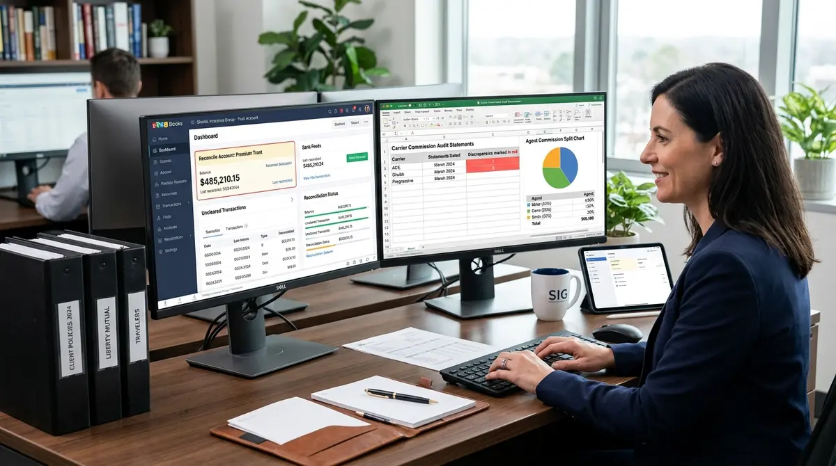 Zoho Books for insurance business premium trust accounts and producer split metrics on screens