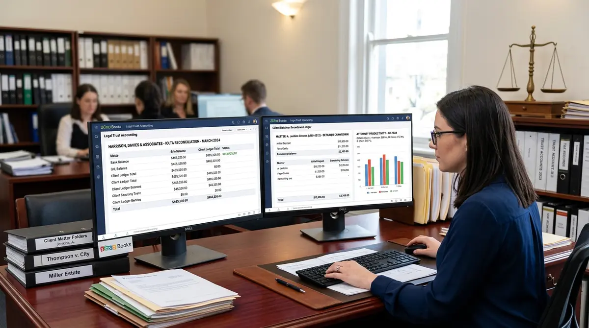 Zoho Books for legal business retainer reports and fee realization dashboards on two screens