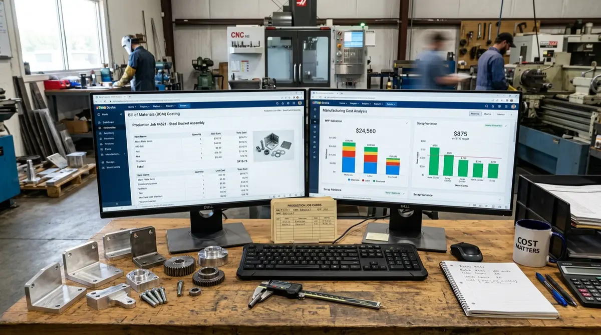 Zoho Books for manufacturing companies BOM reports and WIP inventory schedules on dual screens