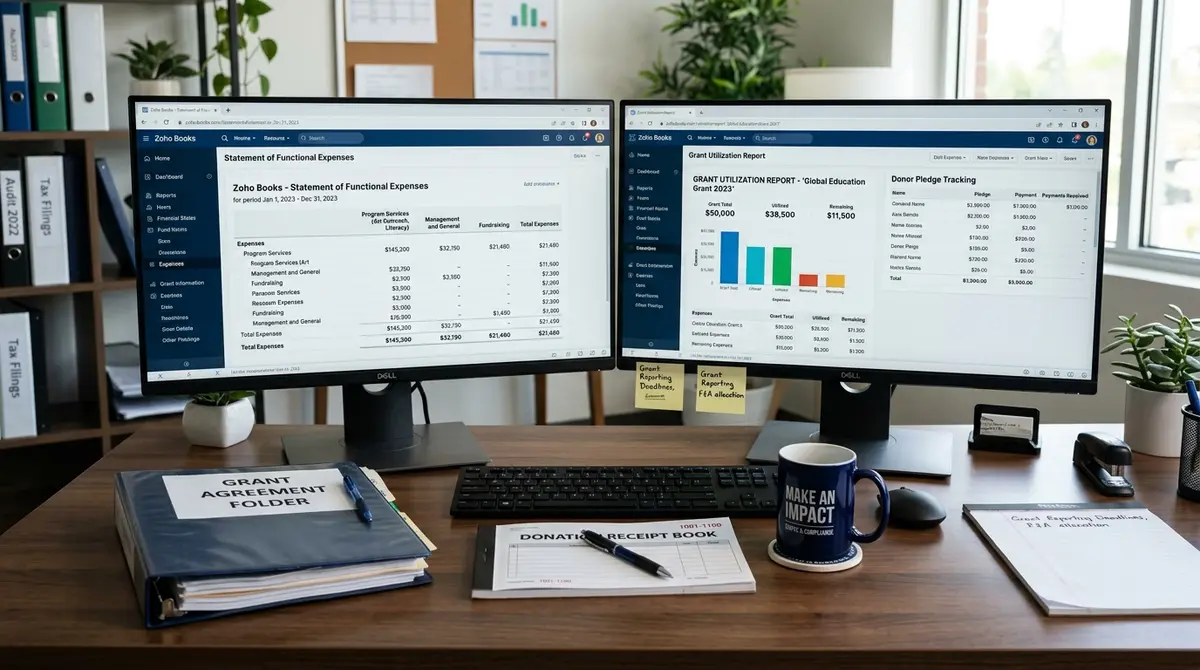 Zoho Books for nonprofits grant reports and Statement of Functional Expenses on dual monitors