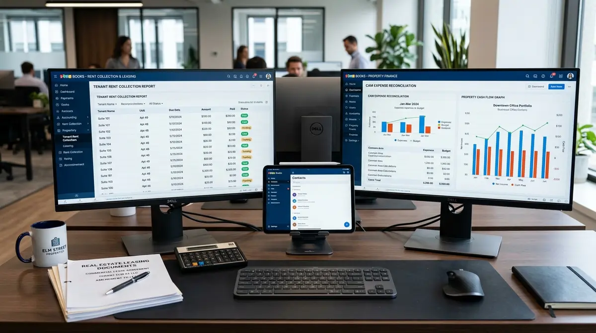 Zoho Books for real estate business rent reports on two monitors in a property office