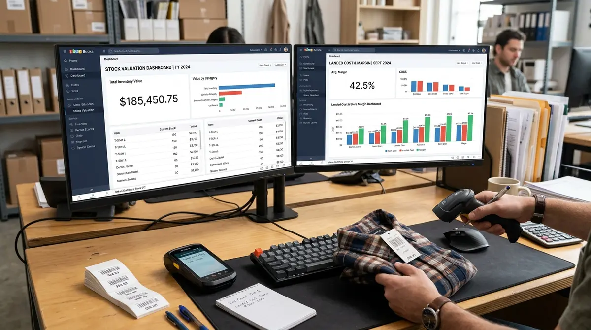 Zoho Books for retail business stock reports and gross margin dashboards on dual monitors