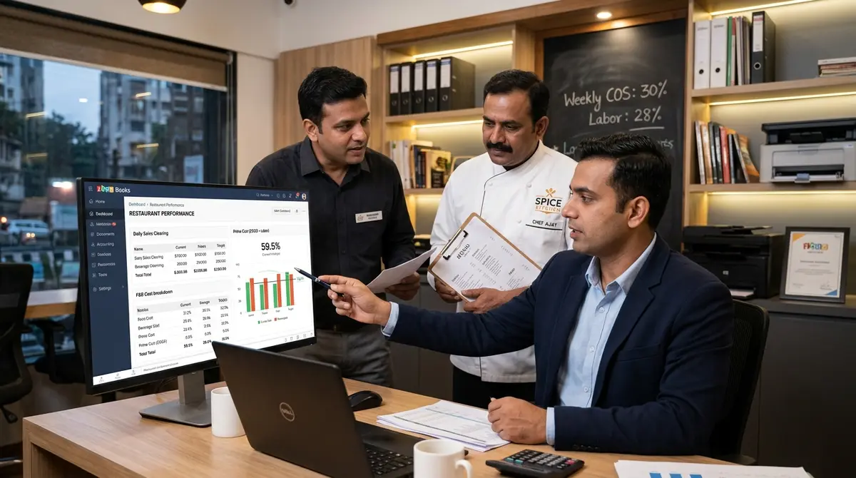Zoho Books Certified advisor and hospitality accounting team reviewing restaurant prime costs